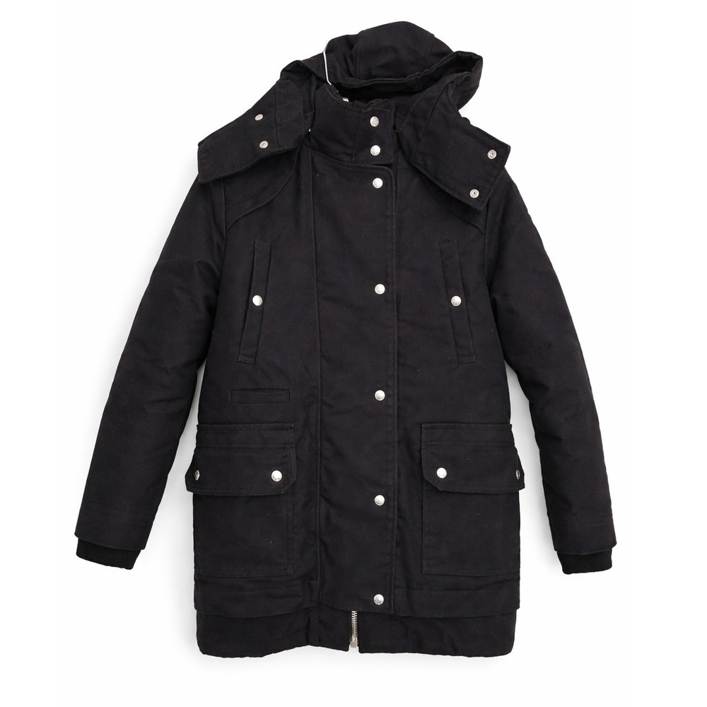 IRO France LARGE Black Cotton Heavyweight Mid Length Coat Removable Hood Minimal